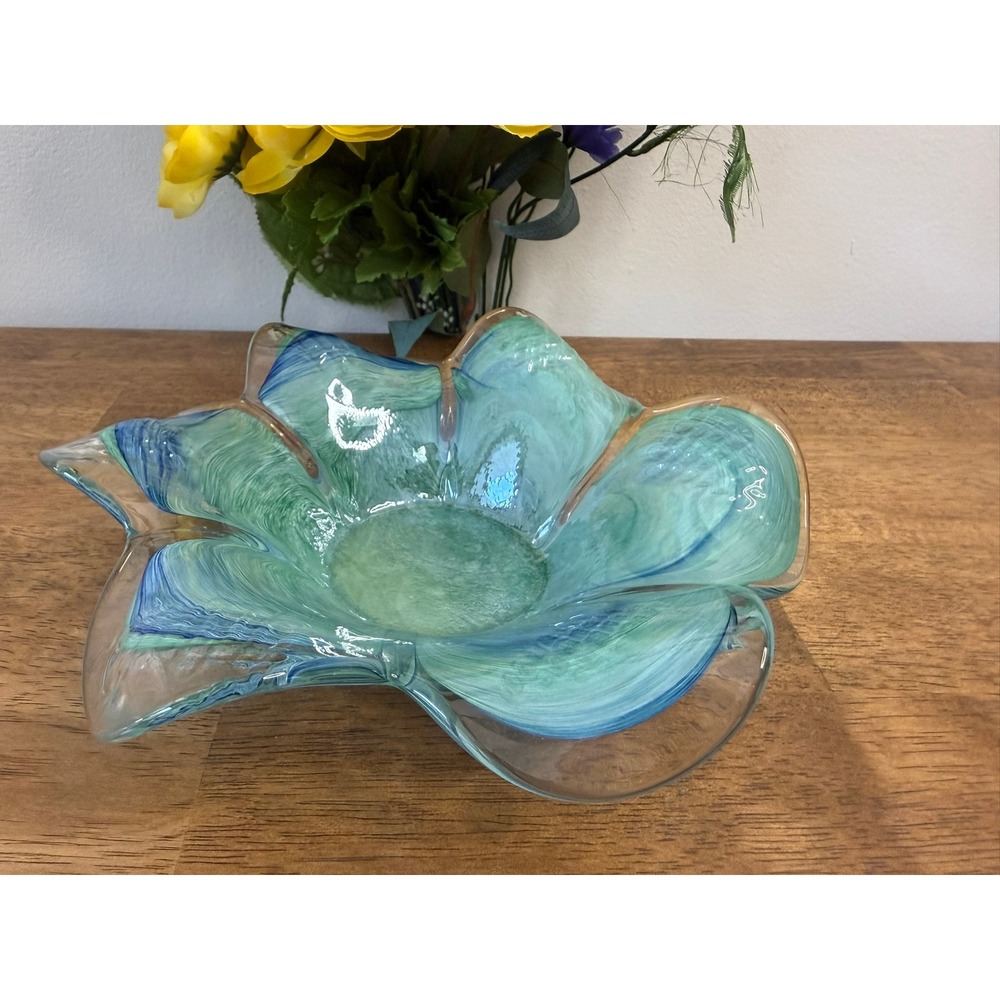 Vintage Hand Blown Art Glass Flower Bowl Aqua Teal Cobalt Swirl Decor